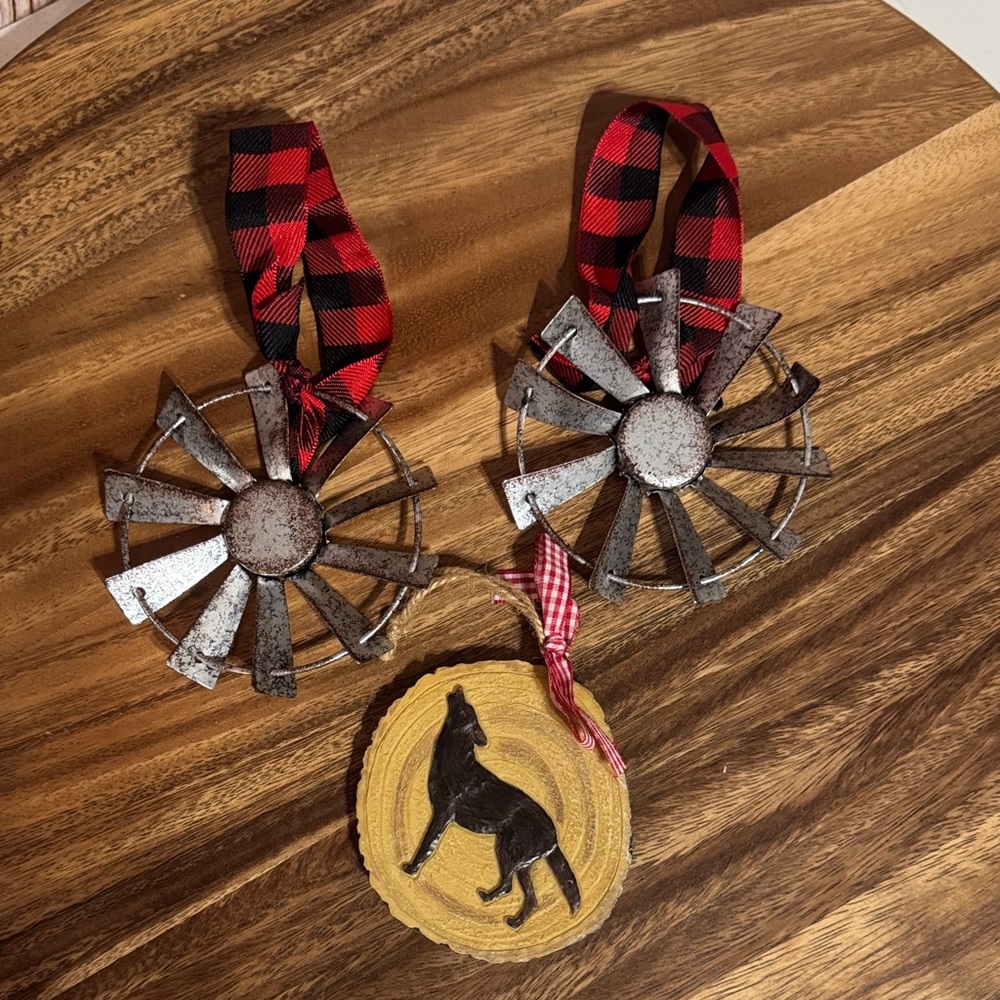 Rustic Metal Windmill and Wolf Ornament Set